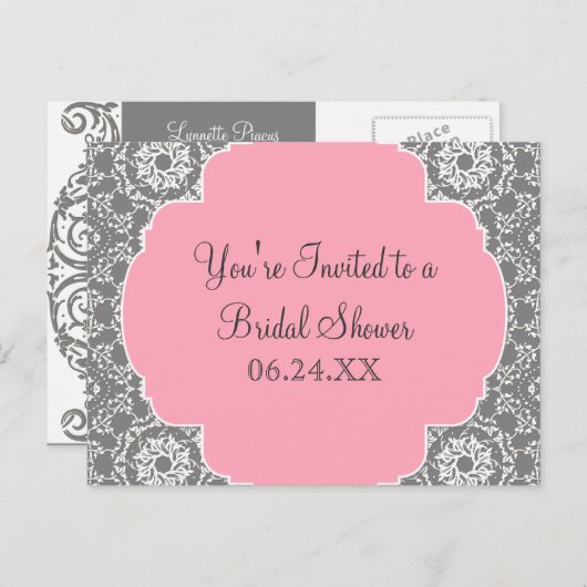 AnnaLiese Damask – ピンクとグレーのブライダルシャワー インビテーションポストカード (正面/裏面)