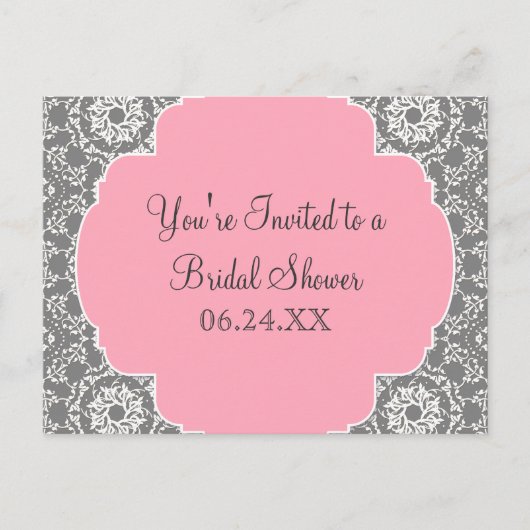 AnnaLiese Damask – ピンクとグレーのブライダルシャワー インビテーションポストカード (正面)