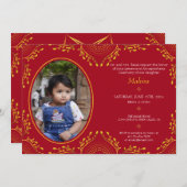Annaprashana First Rice Ceremony赤い金ゴールド写真 招待状 (正面/裏面)