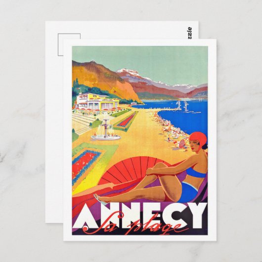 Annecy海岸線、ビーチ上の女の子、ヴィンテージはがき ポストカード (正面/裏面)