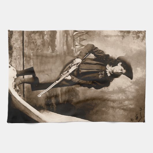 Annie Oakley恋しく思とGun、ヴィンテージ写真ポートレート キッチンタオル (横)