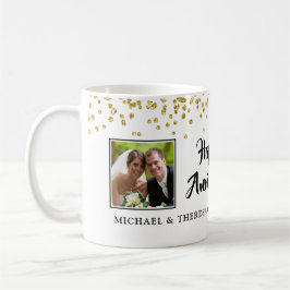 Anniversary モダン 2写真金ゴールド紙吹雪名 コーヒーマグカップ