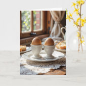 Anniversary Breakfast Brown Eggs In Egg Cups カード (黄色い花)