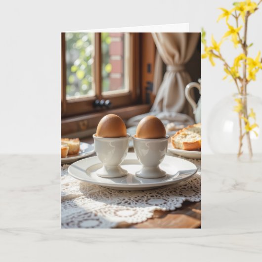 Anniversary Breakfast Brown Eggs In Egg Cups カード (黄色い花)