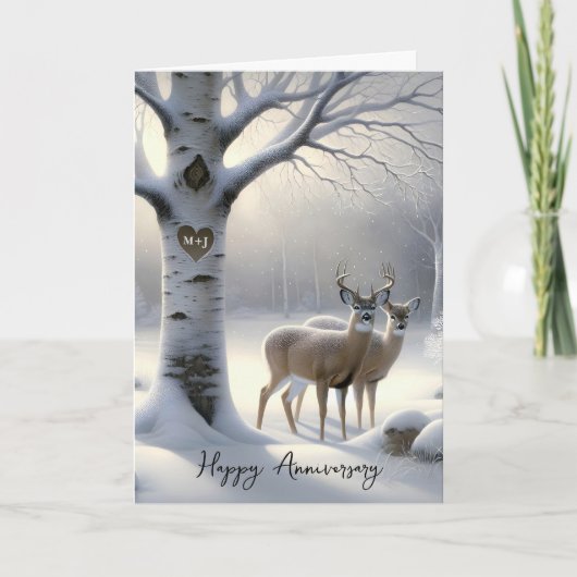 Anniversary Deer with Initials on Tree Heart シーズンカード (正面)