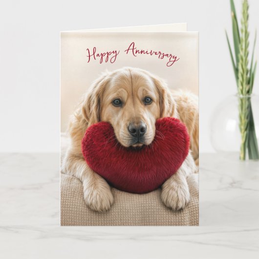 Anniversary Golden Retriever with Heart Pillow カード (正面)