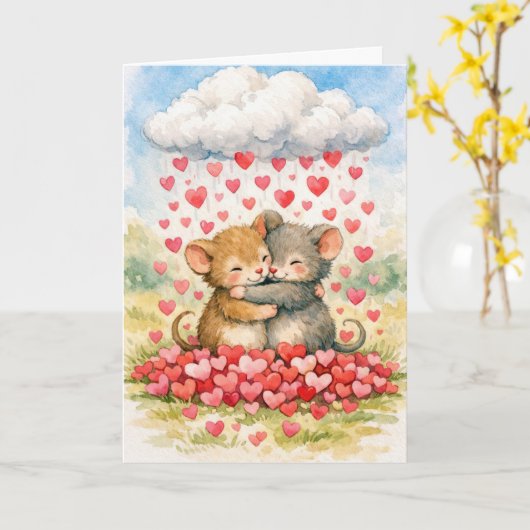 Anniversary Mice Under a Cloud of Hearts カード (黄色い花)