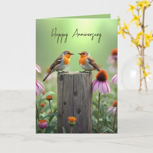 Anniversary Songbirds On a Fence Post カード (黄色い花)