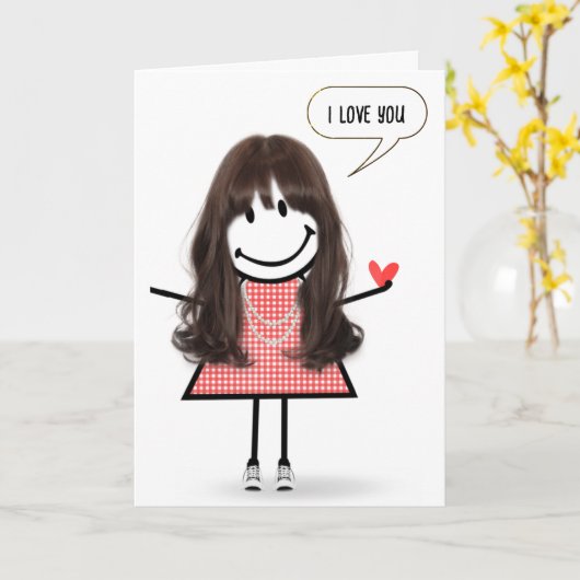 Anniversary Stick Figure Girl With Speech Bubble カード (黄色い花)