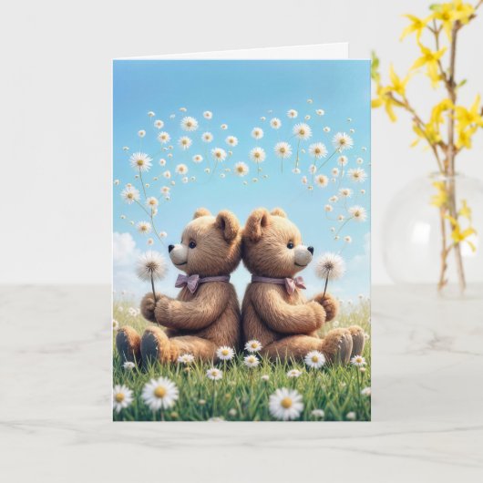 Anniversary Teddy Bears Flowers カード (黄色い花)