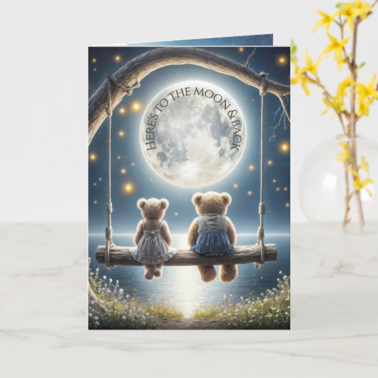 Anniversary Teddy Bears On a Swing カード (黄色い花)