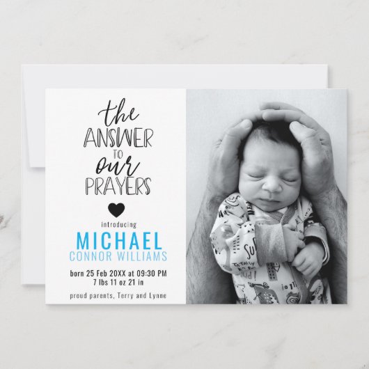 Answer to Our祈りの言葉フォトブルーボーイ誕生 案内状 (正面)