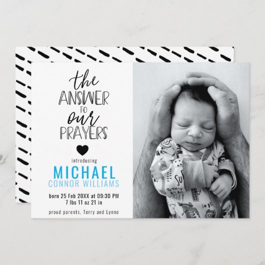 Answer to Our祈りの言葉フォトブルーボーイ誕生 案内状 (正面/裏面)