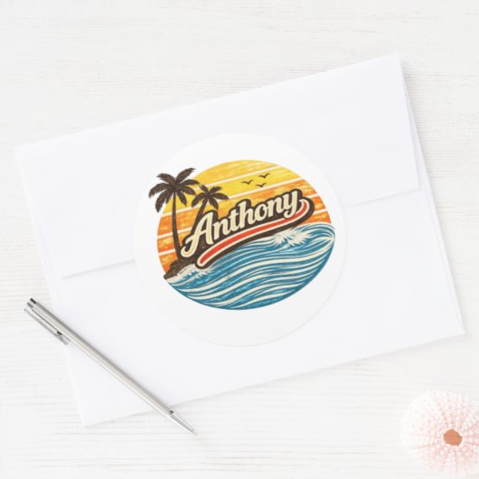 Anthony Retro Sunset Name Design ラウンドシール (封筒)