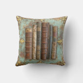 Antike Bücher auf Türkis-Goldener Metallplatte | クッション (裏面)