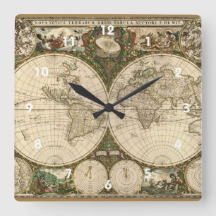 Antique 1660 World Map by Frederick de Wit スクエア壁時計