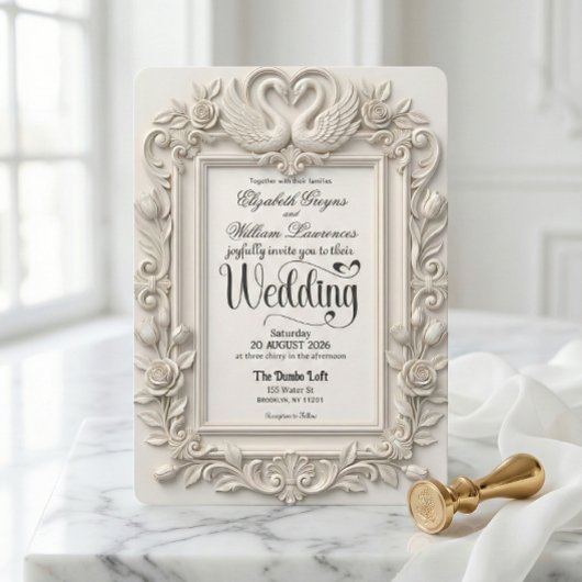 Antique Baroque Swans & Roses Fairytale  Wedding  招待状