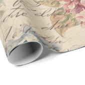 Antique Blue and Pink Hydrangea Ephemera Script  ラッピングペーパー (ロールコーナー)