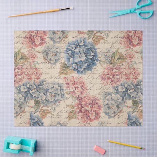 Antique Blue and Pink Hydrangea Ephemera Script  薄葉紙 (クラフト)