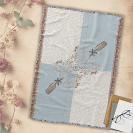 Antique Blue Classic Manuscript Woven Fringe スローブランケット