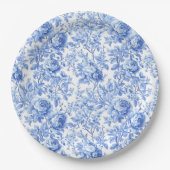 Antique Blue French Toile Roses Floral Paper Plate ペーパープレート (正面)