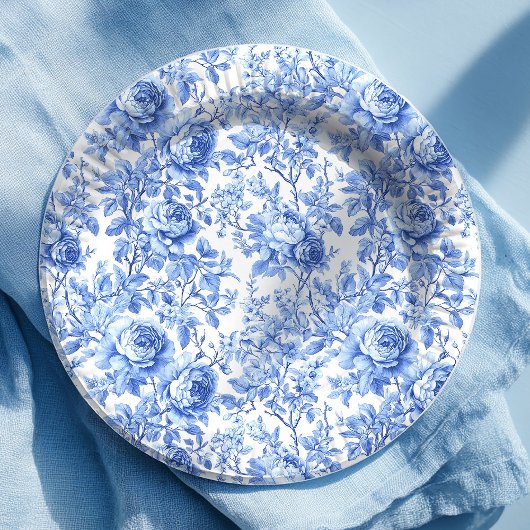 Antique Blue French Toile Roses Floral Paper Plate ペーパープレート