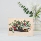 ANTIQUE BOOKS WITH HOLLYBERRIES Vintage Christmas シーズンポストカード (スタンド正面)