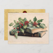 ANTIQUE BOOKS WITH HOLLYBERRIES Vintage Christmas シーズンポストカード (正面/裏面)