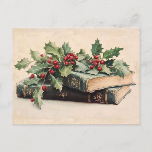 ANTIQUE BOOKS WITH HOLLYBERRIES Vintage Christmas シーズンポストカード (正面)