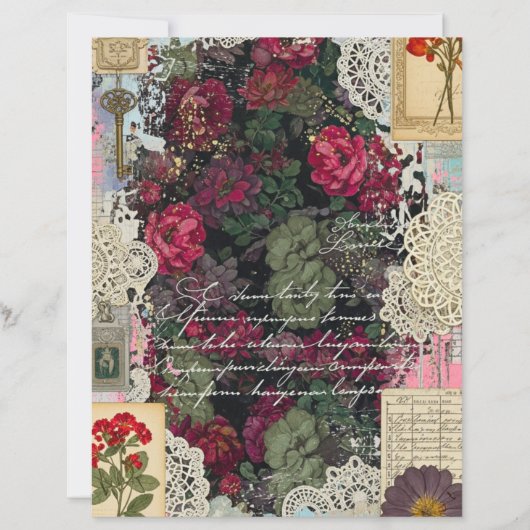 Antique Burgundy Botanica Collage Scrapbook Paper (正面)
