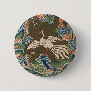 Antique chinese bird artwork tapestry phoenix 缶バッジ