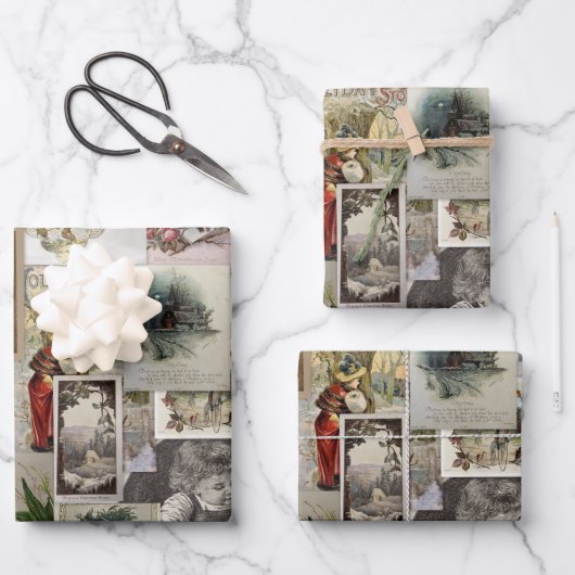 Antique Christmas Ephemera Collage Decoupage ラッピングペーパーシート (正面)