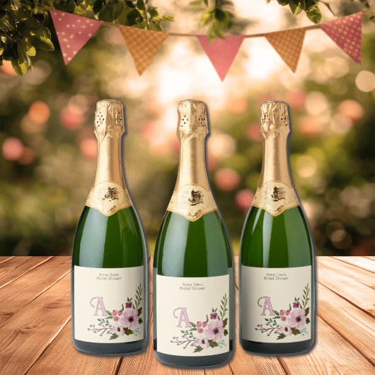 Antique Floral Custom Monogram Initial スパークリングワインラベル