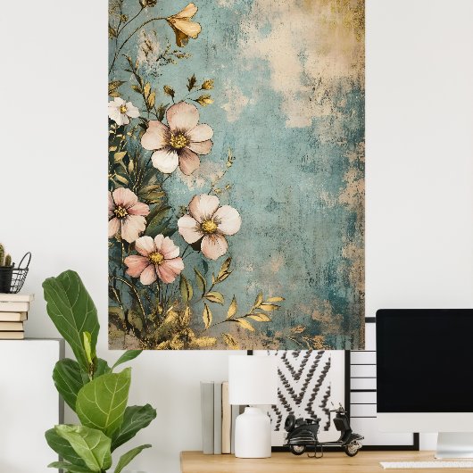 Antique floral design with a textured or aged look ポスター (ホームオフィス)