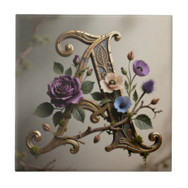 Antique Floral Gold Letter A Monogram タイル