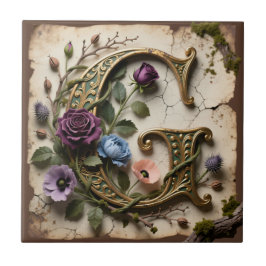 Antique Floral Gold Letter G Monogram タイル