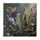 Antique Floral Gold Letter M Monogram タイル (正面)