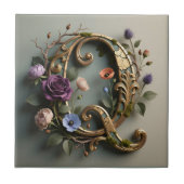 Antique Floral Gold Letter Q Monogram タイル (正面)
