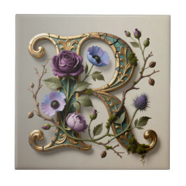 Antique Floral Gold Letter R Monogram タイル