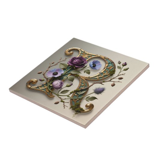 Antique Floral Gold Letter R Monogram タイル (側面)