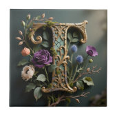 Antique Floral Gold Letter T Monogram タイル (正面)