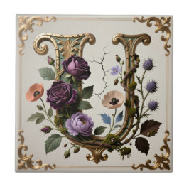 Antique Floral Gold Letter U Monogram タイル