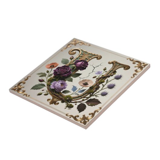 Antique Floral Gold Letter U Monogram タイル (側面)