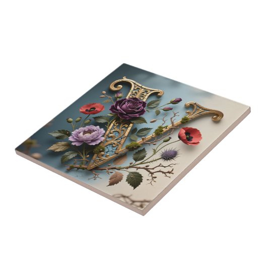 Antique Floral Gold Letter V Monogram タイル (側面)