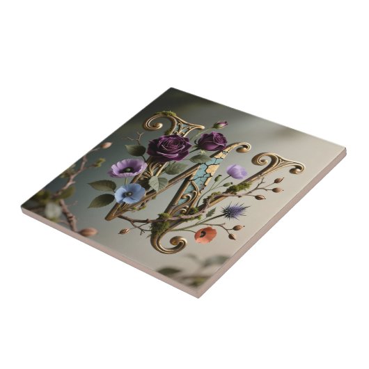 Antique Floral Gold Letter W Monogram タイル (側面)