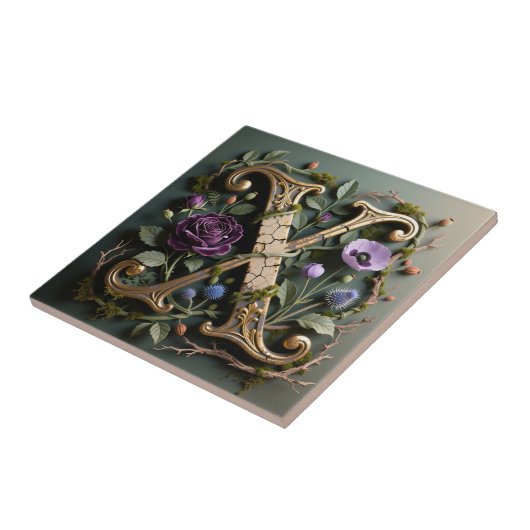 Antique Floral Gold Letter X Monogram タイル (側面)