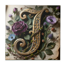 Antique Floral Gold Patina Letter J タイル