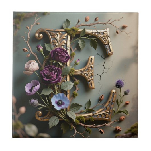 Antique Floral Gold Teal Letter E タイル (正面)