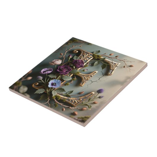 Antique Floral Gold Teal Letter E タイル (側面)