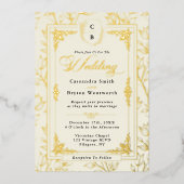 Antique Floral Monogram Crest Gold Frame Wedding 箔招待状 (正面)